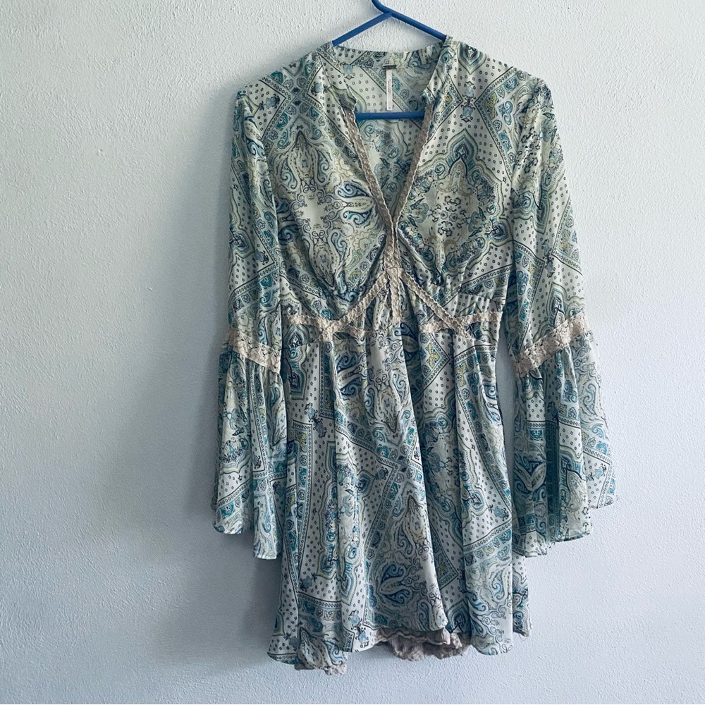 Free People Paisley Print Long Sleeve V-Neck Mini Dress